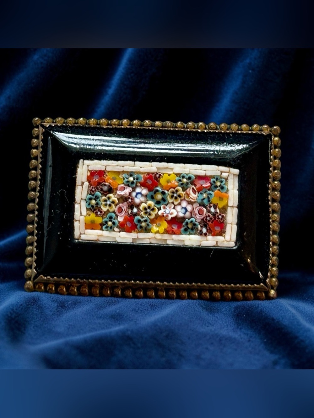 Antique Micro Mosaic Floral Black Mourning Brooch